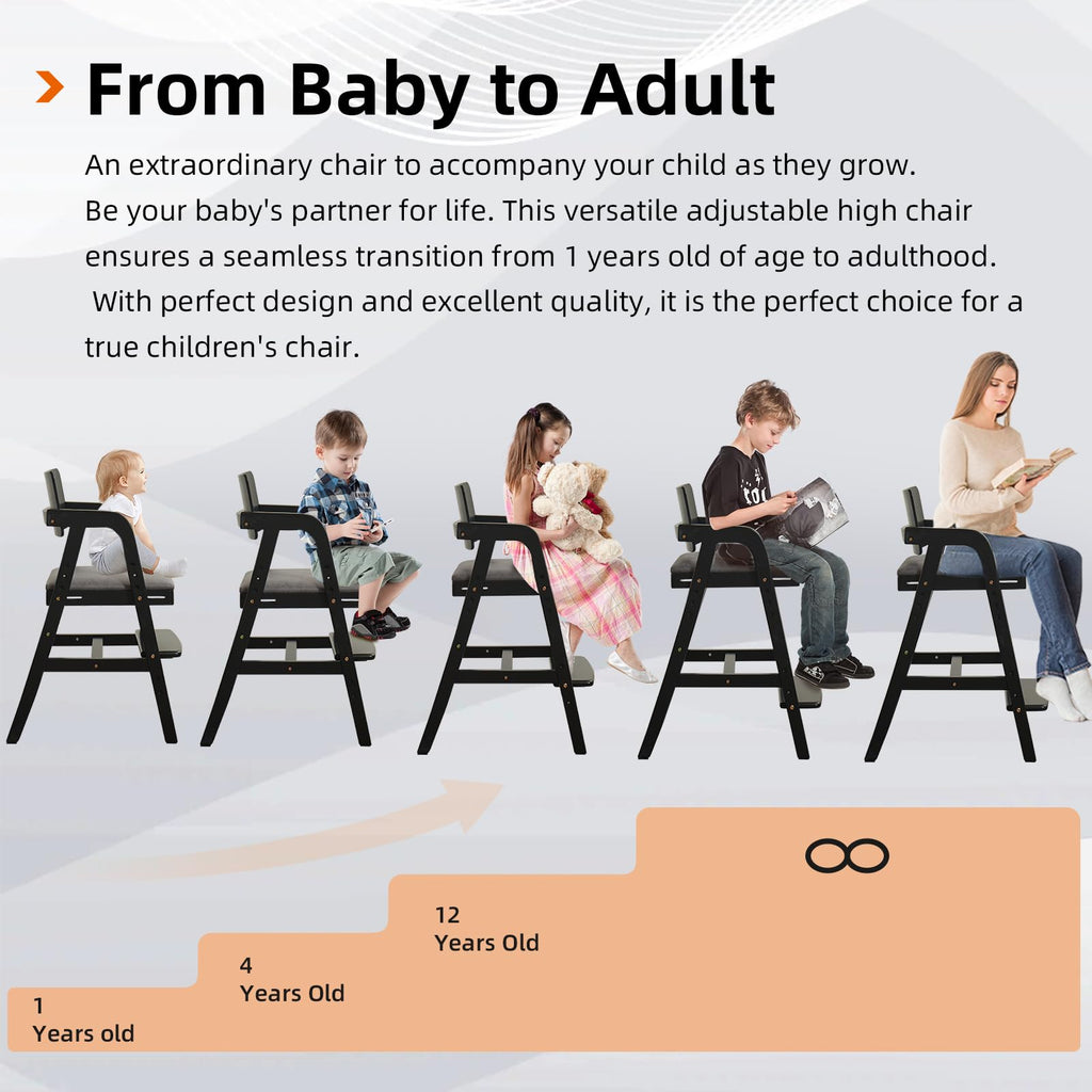 Leesinwing Wooden High Chair for Toddlers, Adjustable Feeding Chair, Black