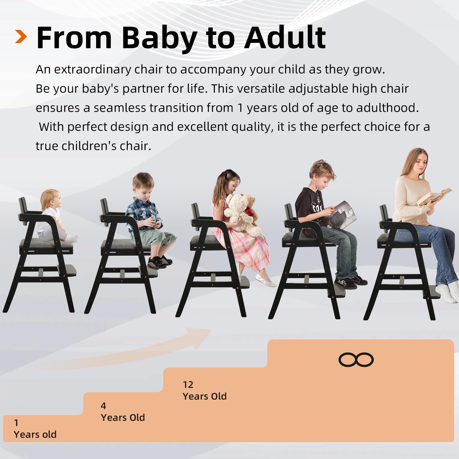 Leesinwing Wooden High Chair for Toddlers, Adjustable Feeding Chair, Black