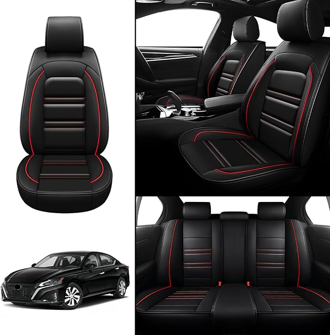 Seat Covers for Nissan Car Altima 1998-2025 | 5-Seats Leather Seat Covers, Easy to Install Automotive Seat Covers Full Set (Full Set, Black&Red Line)