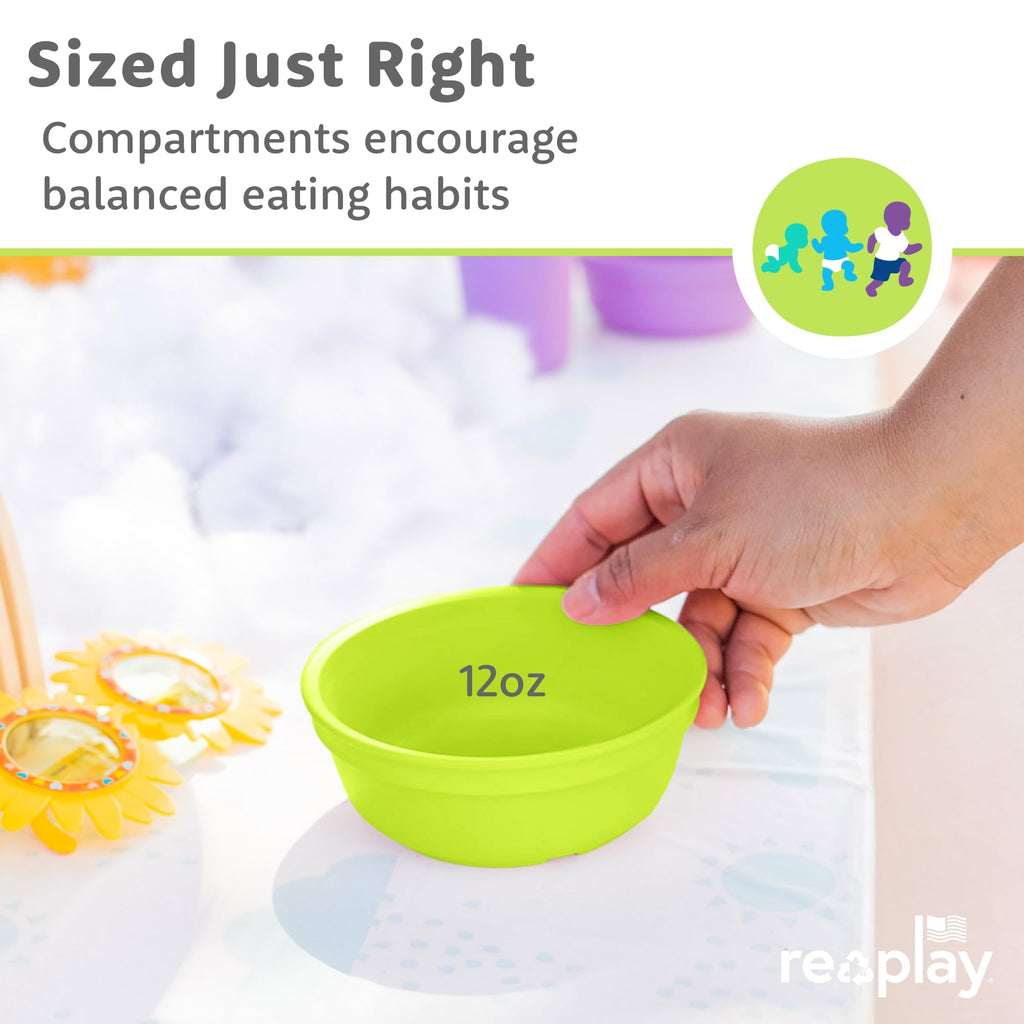 Re-Play 12 oz. Toddler Bowls Set of 4 - Kids Deep-Walled, Durable & Reusable Snack and Meal Bowls, Dishwasher & Microwave Safe, BPA-Free, Made in USA from Recycled Plastic, Preschool