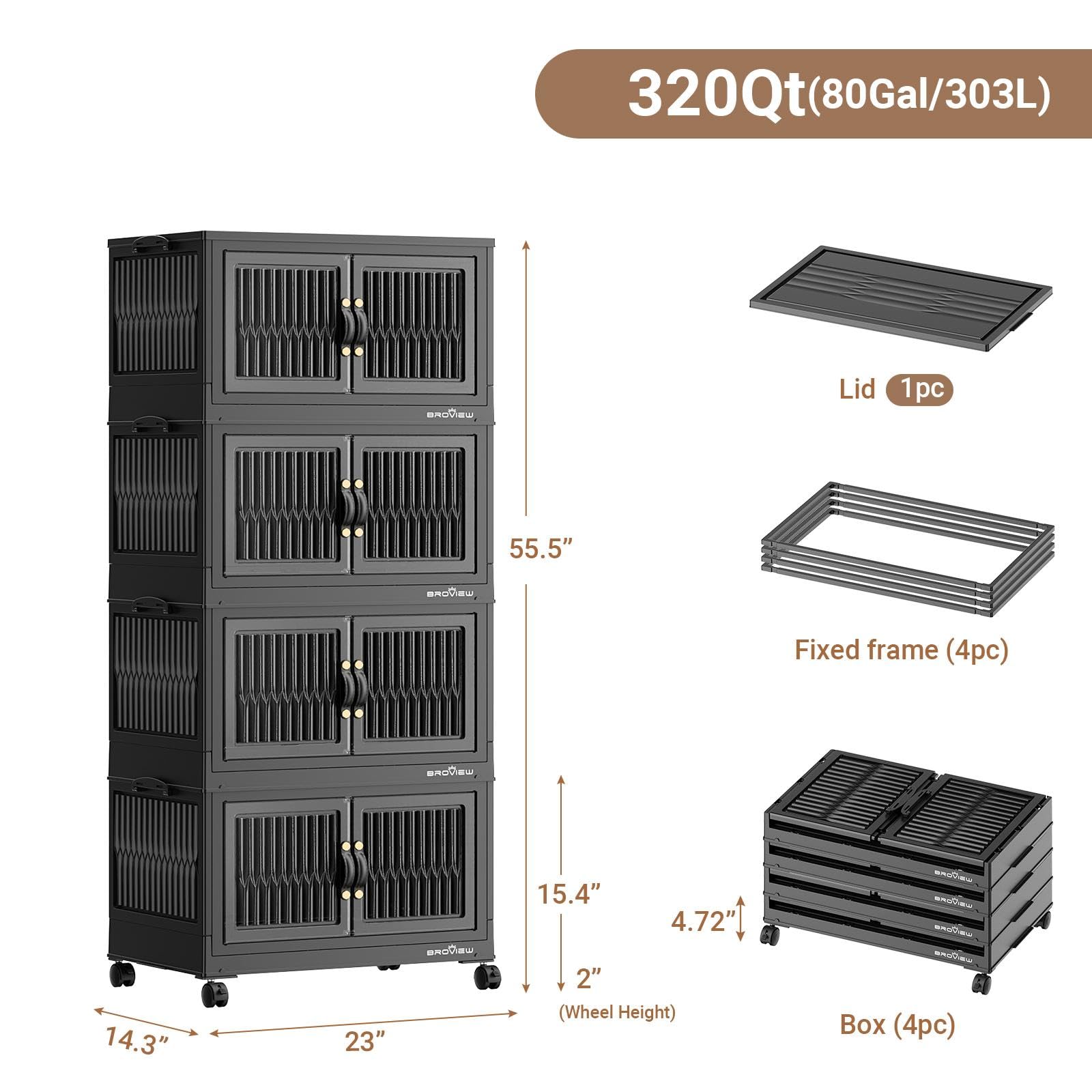 BROVIEW 320Qt Stackable Storage Bins with Lid, Extra Large Closet Organizer Collapsible Drawer Boxes with Wheels, Folding Plastic Cabinet Containers for Home Kitchen Room Organization, 4Pack Black