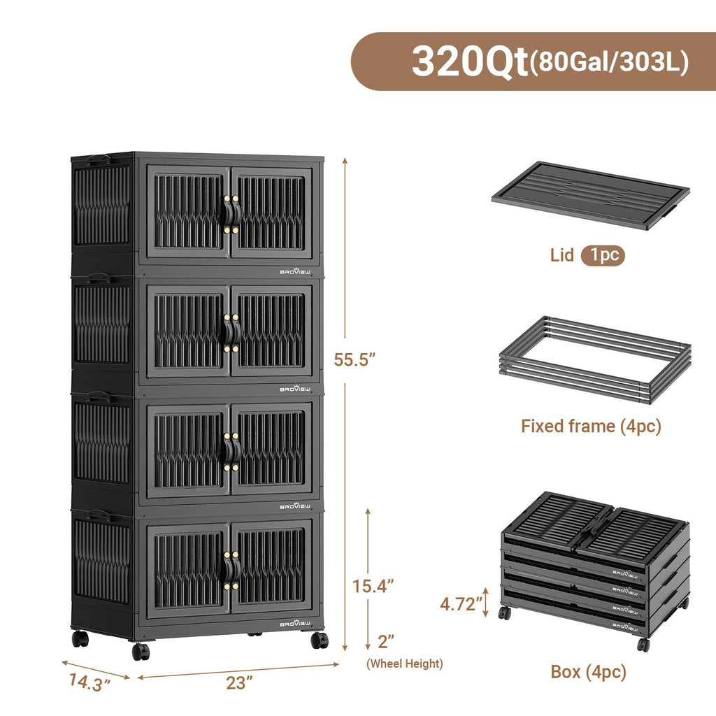 BROVIEW 320Qt Stackable Storage Bins with Lid, Extra Large Closet Organizer Collapsible Drawer Boxes with Wheels, Folding Plastic Cabinet Containers for Home Kitchen Room Organization, 4Pack Black