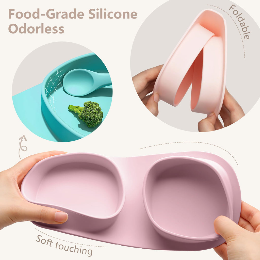 Silicone Baby Foldable Dinner Plates with Forks and Spoons, Matte Pink