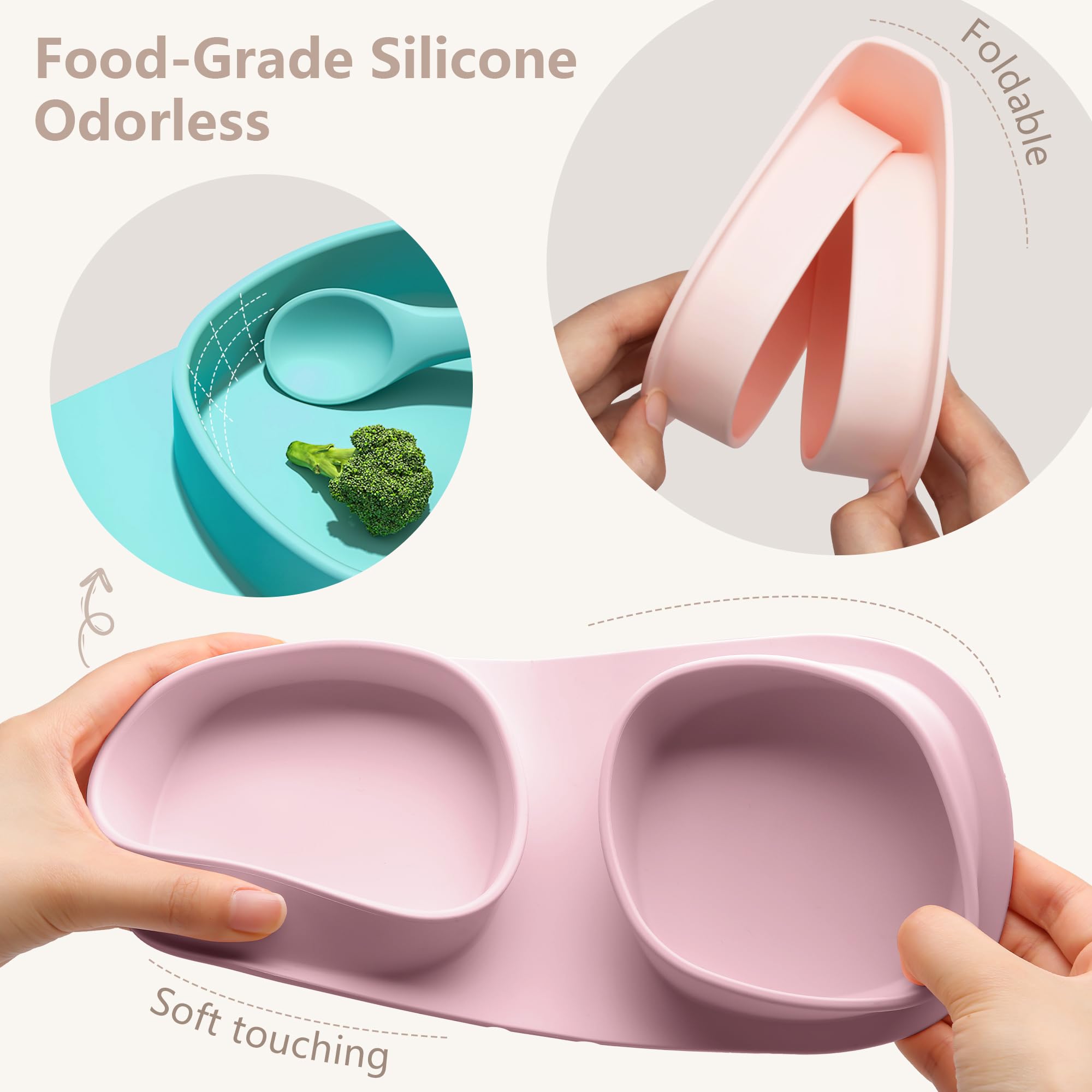 Silicone Baby Foldable Dinner Plates with Forks and Spoons, Matte Pink