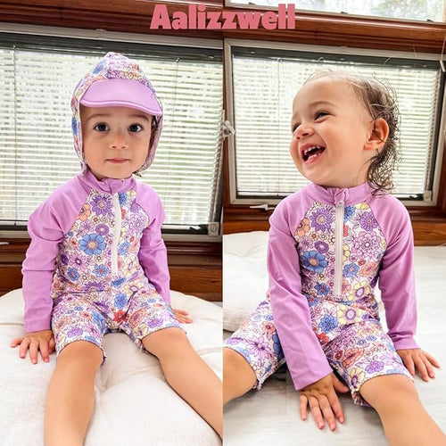 3-6 Months Infant Baby Girls One Piece Long Sleeve Swimsuit Floral Bathing Suit Flower Swimwear Beach Wear Purple