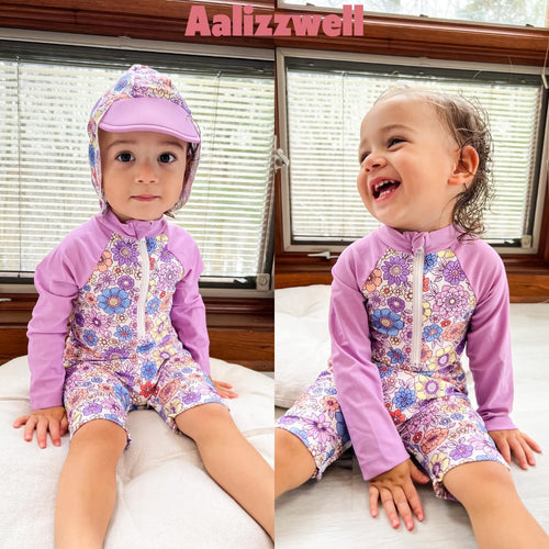 18-24 Months Baby Girls One Piece Long Sleeve Swimsuit Floral Bathing Suit Flower Swimwear Beach Wear Purple