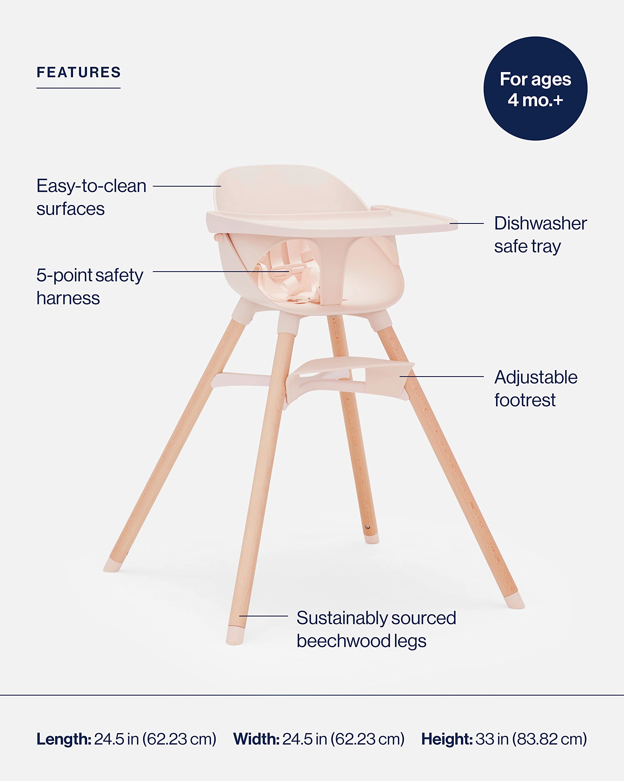 Lalo The Chair Convertible 3-in-1 High Chair for Babies & Toddlers, Dishwasher Safe Tray, Adjustable Footrest, Grapefruit