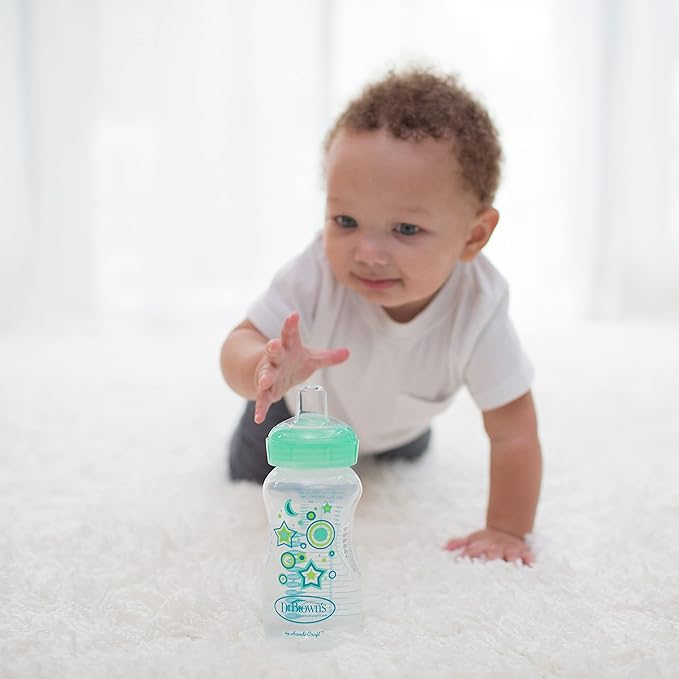 Dr. Brown’s Anti-Colic Options+ Wide-Neck Sippy Bottle Starter Kit, 9oz/270mL, with Level 3 Medium-Fast Flow Nipple and Soft 100% Silicone Sippy Spout, Green, BPA Free, 6m+