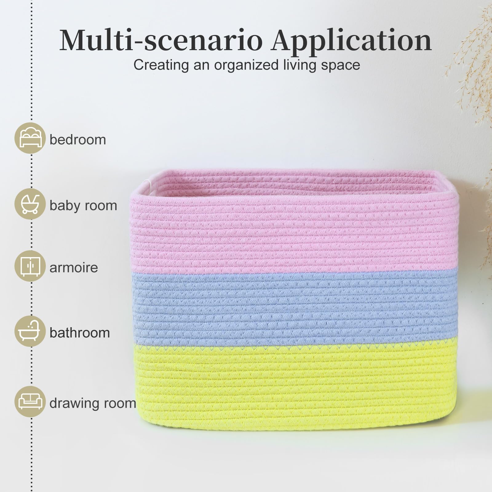 Hopegiver Rainbow Cotton Rope Storage Baskets Set of 3 for Kids Baby, Colorful Storage Bins for Toys, Woven Organizer Baskets Room Decor for Nursery & Playroom(Pink&Blue&Yellow, 15x11x10 IN)