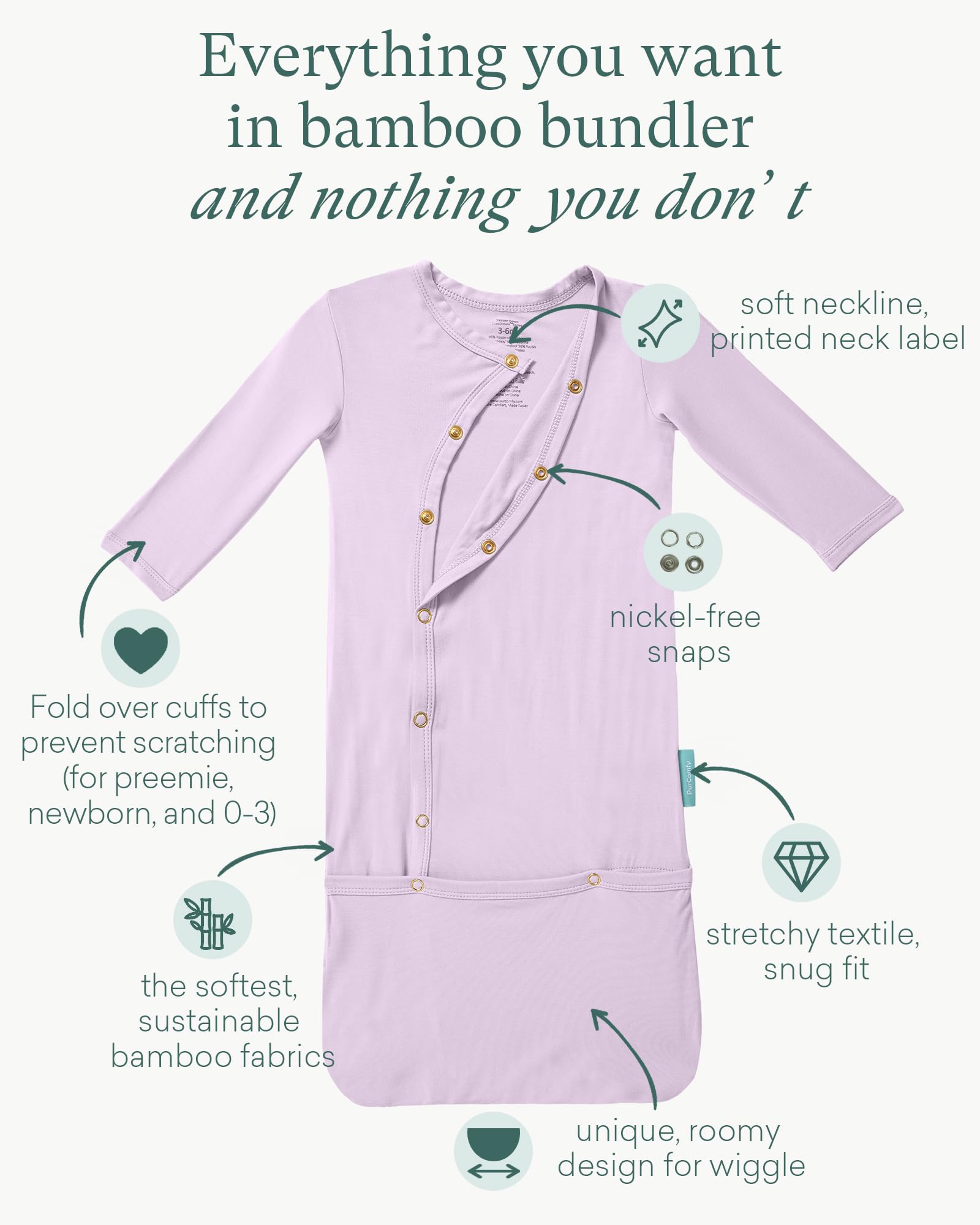 PurComfy Supersoft Bamboo Viscose Baby Sleeper Gowns, Newborn Lilac