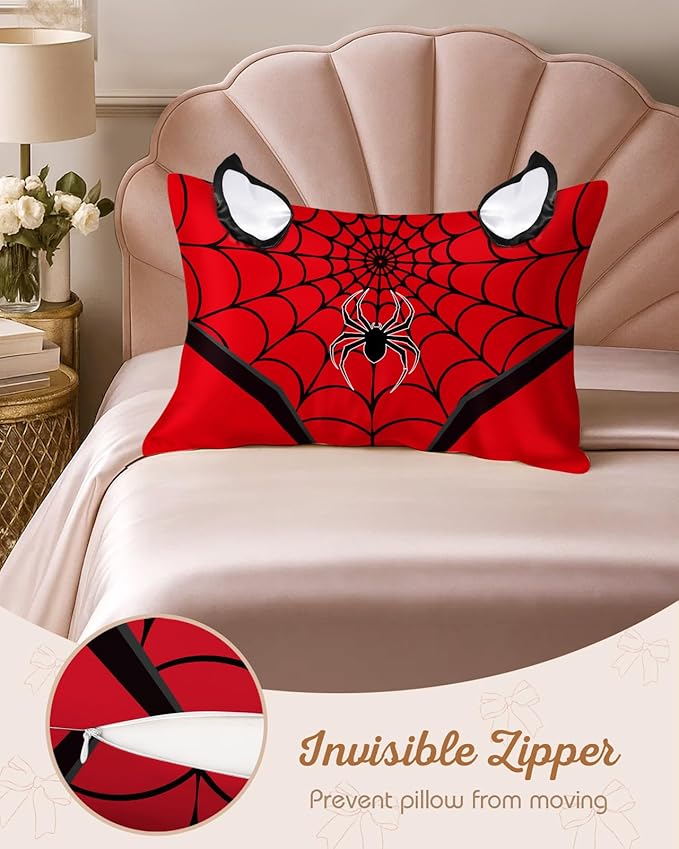 Kids Pillowcases Standard Size 20"x26" - Cute Cartoon Soft Breathable Silk Pillow Cases for Hair and Skin with Hidden Zipper for Women Girls Fun Kawaii Design for Bedding, Red