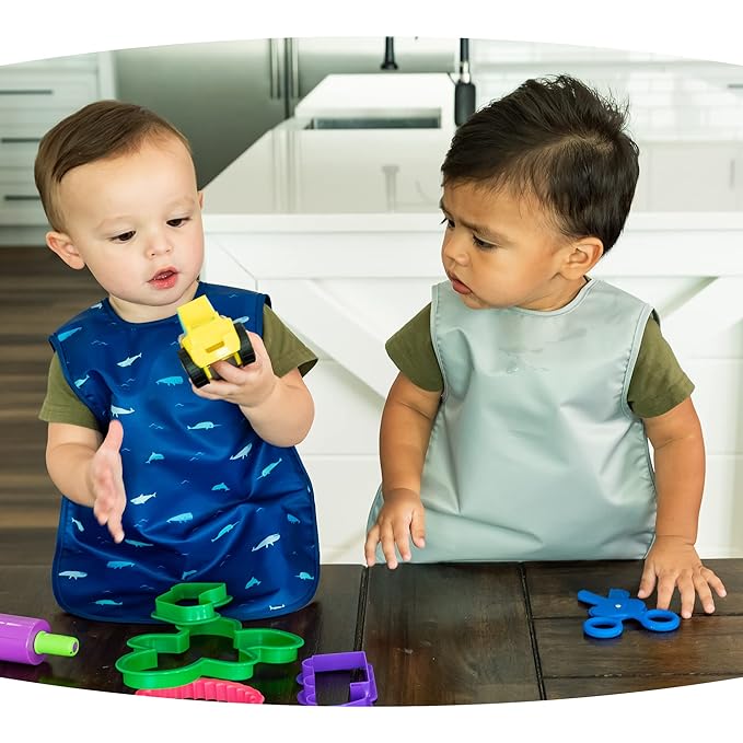 Tiny Twinkle Short Sleeve Apron Bibs for Babies & Toddlers – 2 Pack Waterproof, Mess-Proof Baby Bibs for Eating & Feeding, Machine Washable,Perfect Holiday Gift(Sage Charcoal, 6–24M)