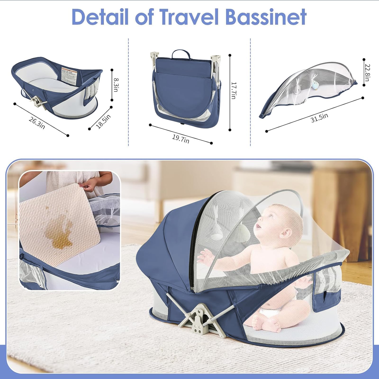 ISELECTOR Portable Baby Bassinet Travel Baby Bed, Baby Cribs Travel Pod for Outdoors Baby Lounger Infant Travel Bed with Mosquito Net and Sunshade Canopy, Lightweight Washable