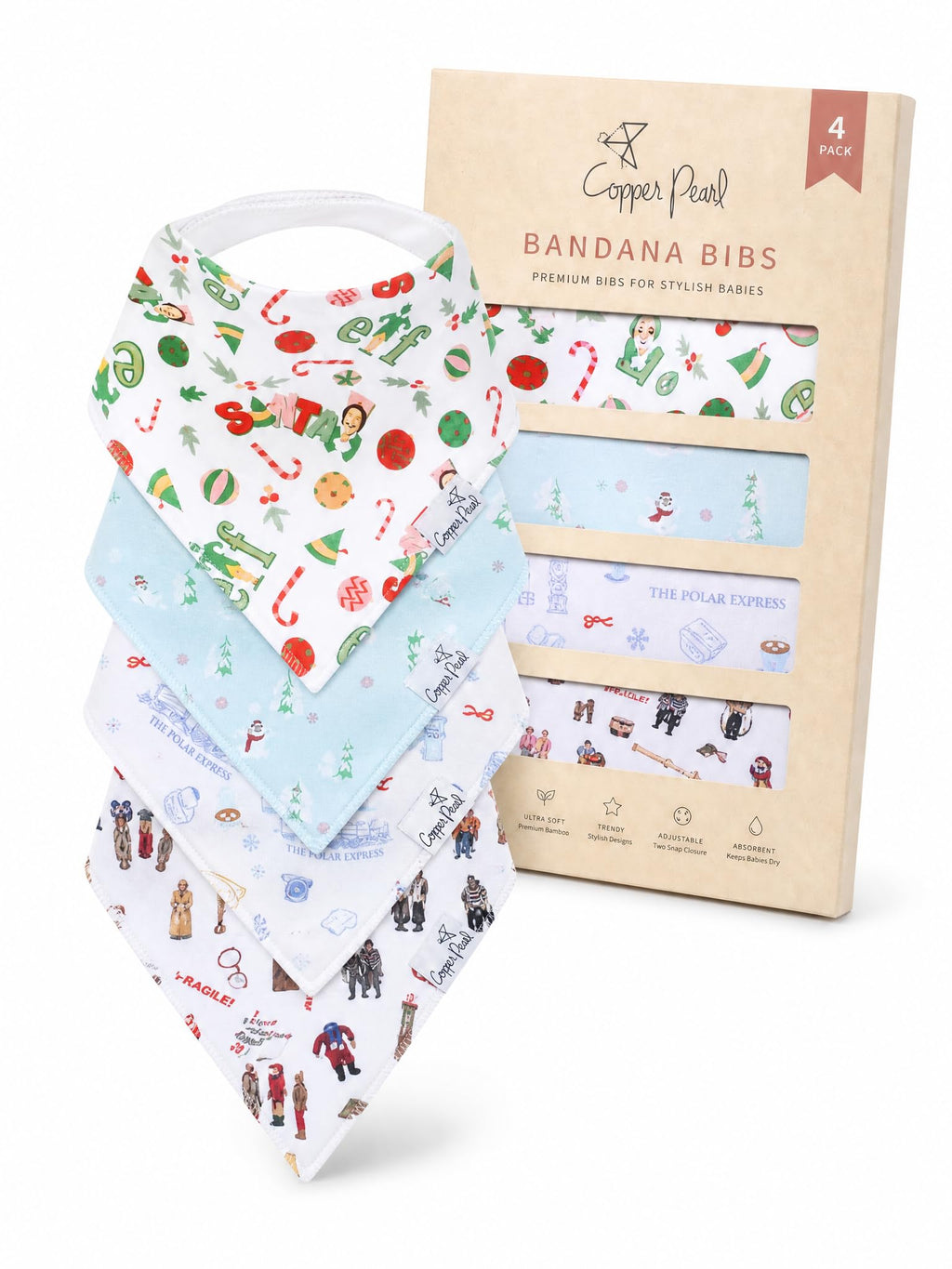 Copper Pearl Baby Bibs for Baby Boy or Girl – Bandana Drool Bibs for Teething, Absorbent Bibs for Eating, Newborn to Toddler, 4 Pack, Christmas Classics