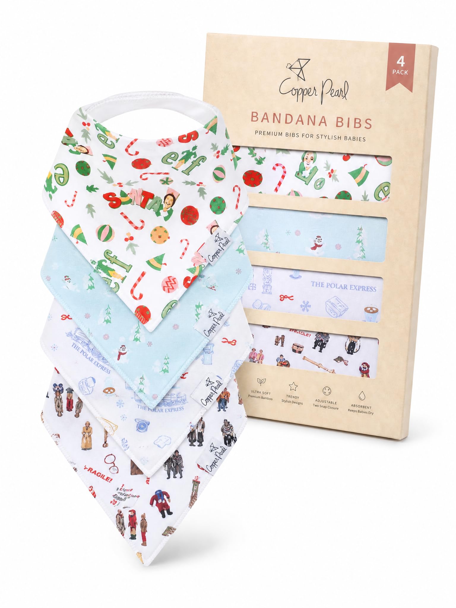 Copper Pearl Baby Bibs for Baby Boy or Girl – Bandana Drool Bibs for Teething, Absorbent Bibs for Eating, Newborn to Toddler, 4 Pack, Christmas Classics