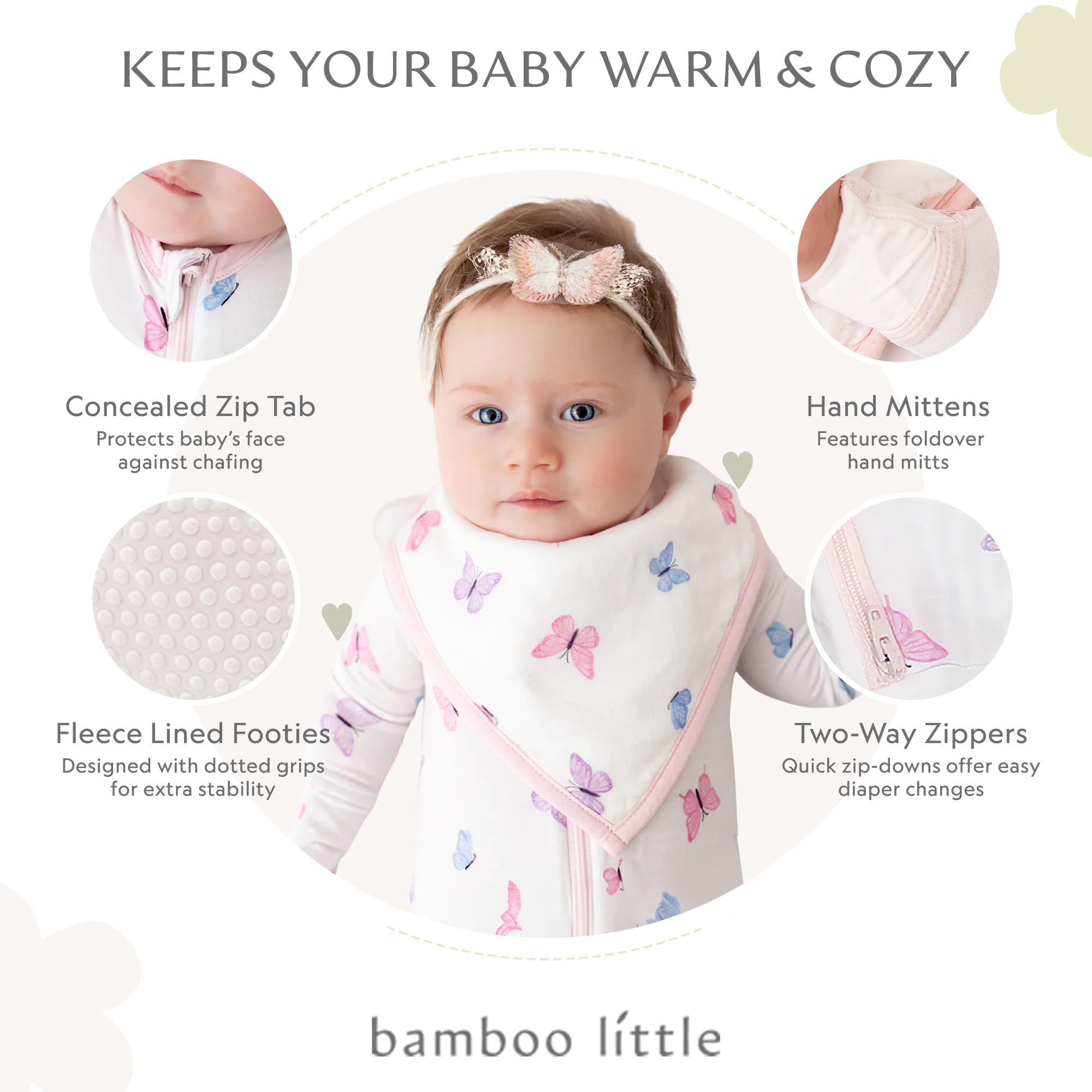 Bamboo Little Soft Baby Footie Pajamas, Baby Clothes, Newborn Sleepers, 95% Viscose and 5% Spandex, Butterfly, 9-12 Months