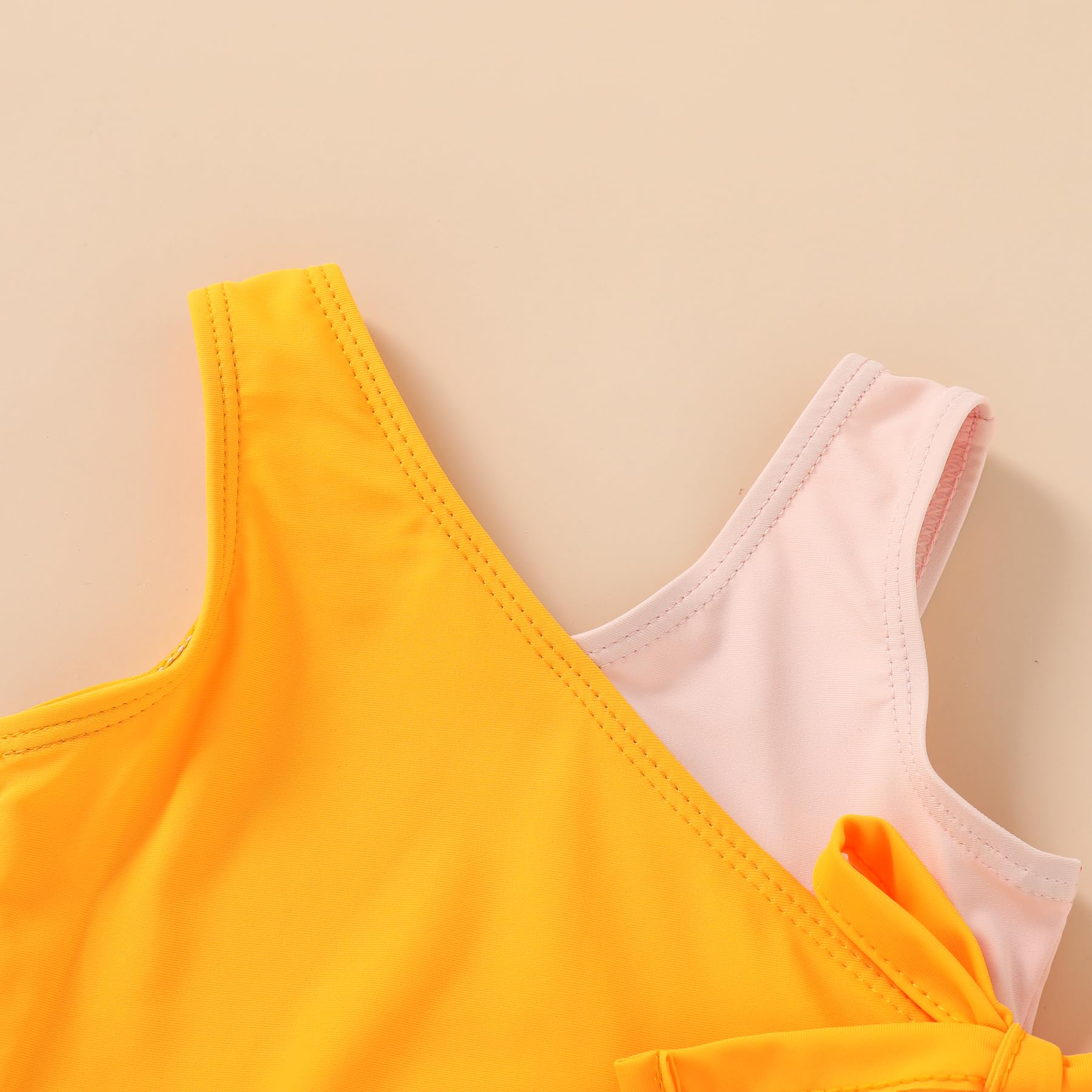 Happy Town Toddler Swimsuit Girl One Piece Bathing Suit Color Block Swimwear Baby Summer Beach Wear(5-6 Years,Yellow Orange)
