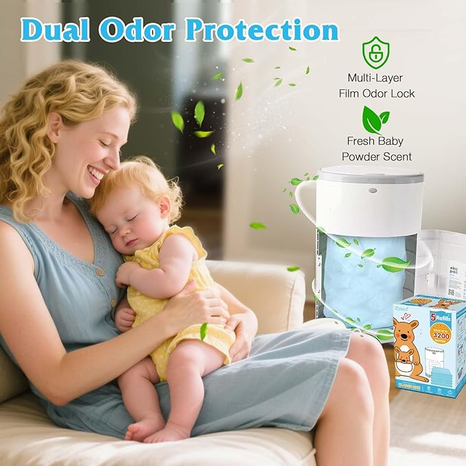 5 Pack Diaper Pail Refill Bags Compatible with Dekor Plus Diaper Pail, 40% Extra Length Refills Holds up to 3770 Diapers, Thickened Multi-layer Odor Control (Baby Scent)
