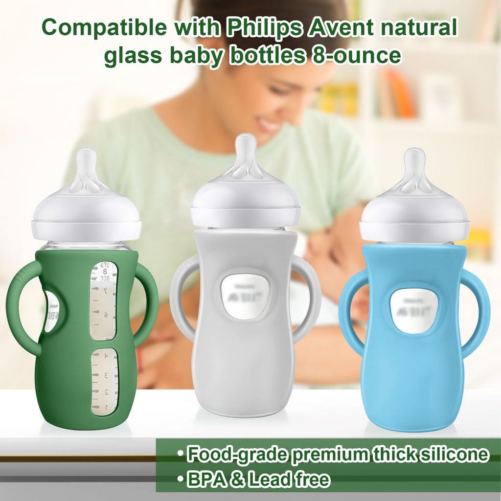 Juome Silicone Sleeves with Handles for Avent Natural Glass Baby Bottle 8oz