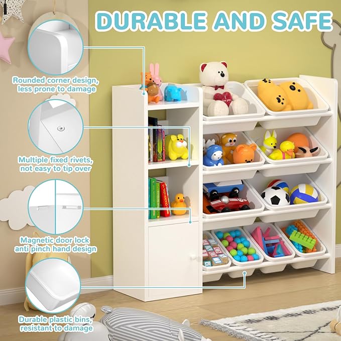 Toy Storage Organizer with 3 Shelves 1Lockers and 10 Bins, Toy Organizers Storage Bookshelf, Kids Bin Shelf Toys Box Bookcase for Bedroom Playroom Organization Room Decor - 100% Solid Wood