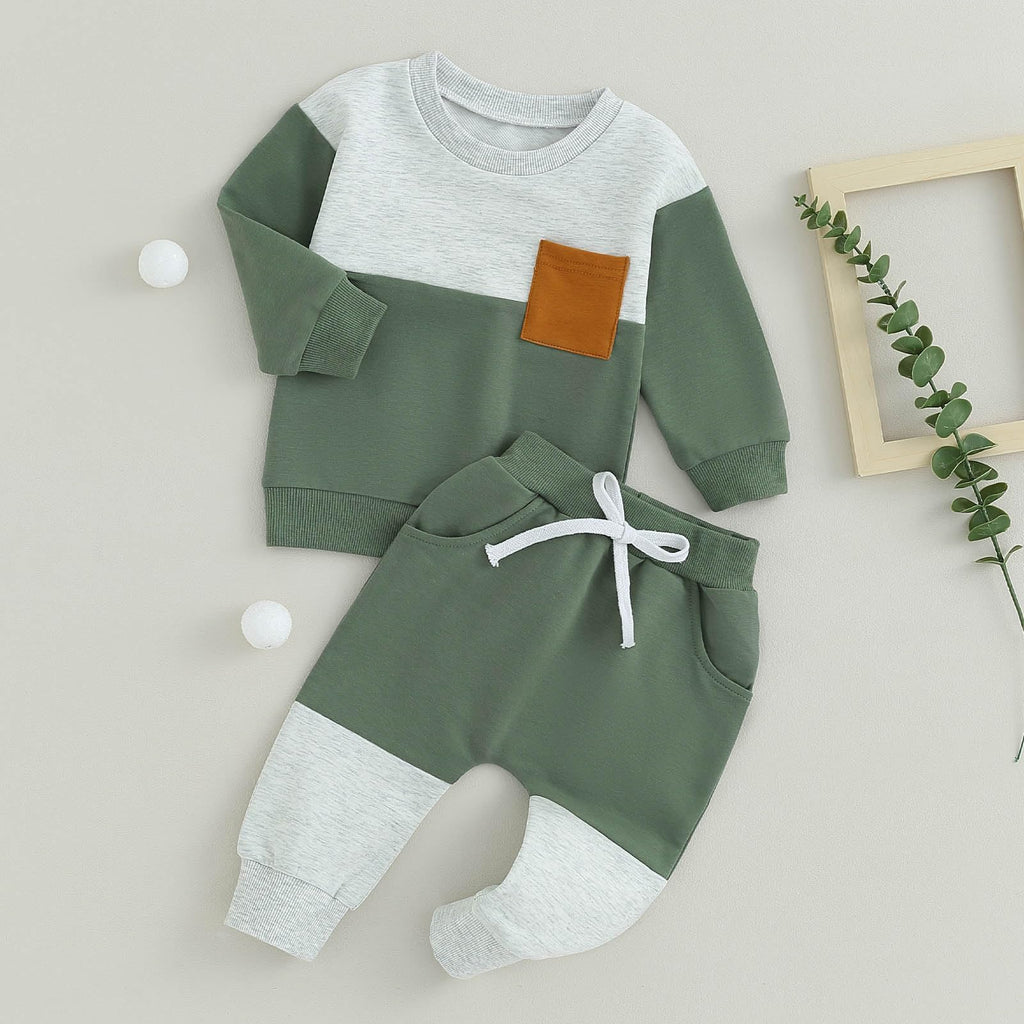 Toddler Baby Boy Fall Clothes Waffle Contrast Color Sweatshirt Pants Sets Infant Winter Outfits 6 12 18 24 Months (Letter Green, 12-18 Months)