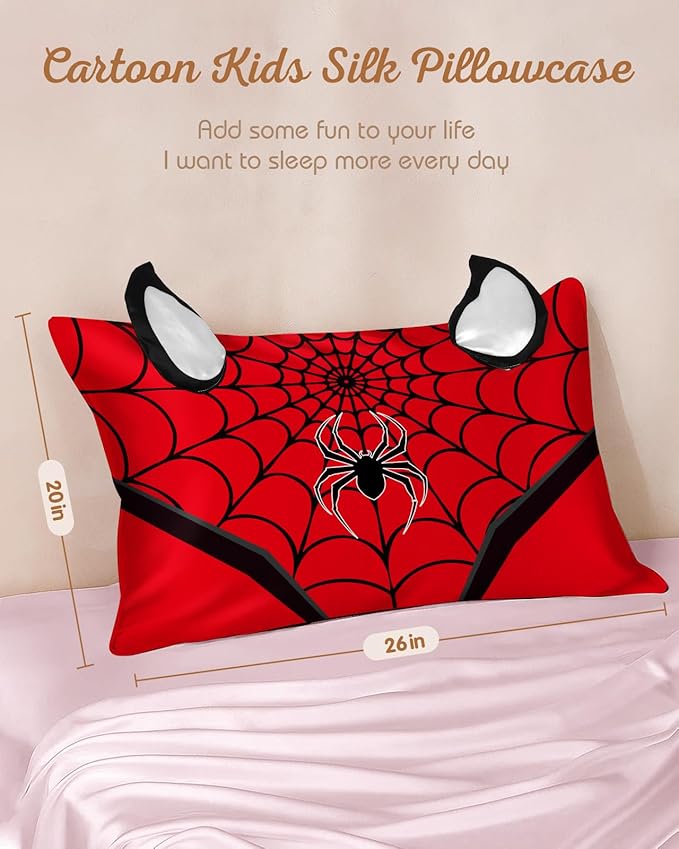 Kids Pillowcases Standard Size 20"x26" - Cute Cartoon Soft Breathable Silk Pillow Cases for Hair and Skin with Hidden Zipper for Women Girls Fun Kawaii Design for Bedding, Red