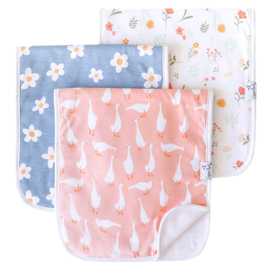 Copper Pearl Premium Baby Burp Cloths - 3-Pack Large Cotton Burp Cloths, Extra Soft Spit Up Rags with 3 Absorbent Layers, Perfect for Baby Girl Gifts (21" x 10" Size, Goosie Set)