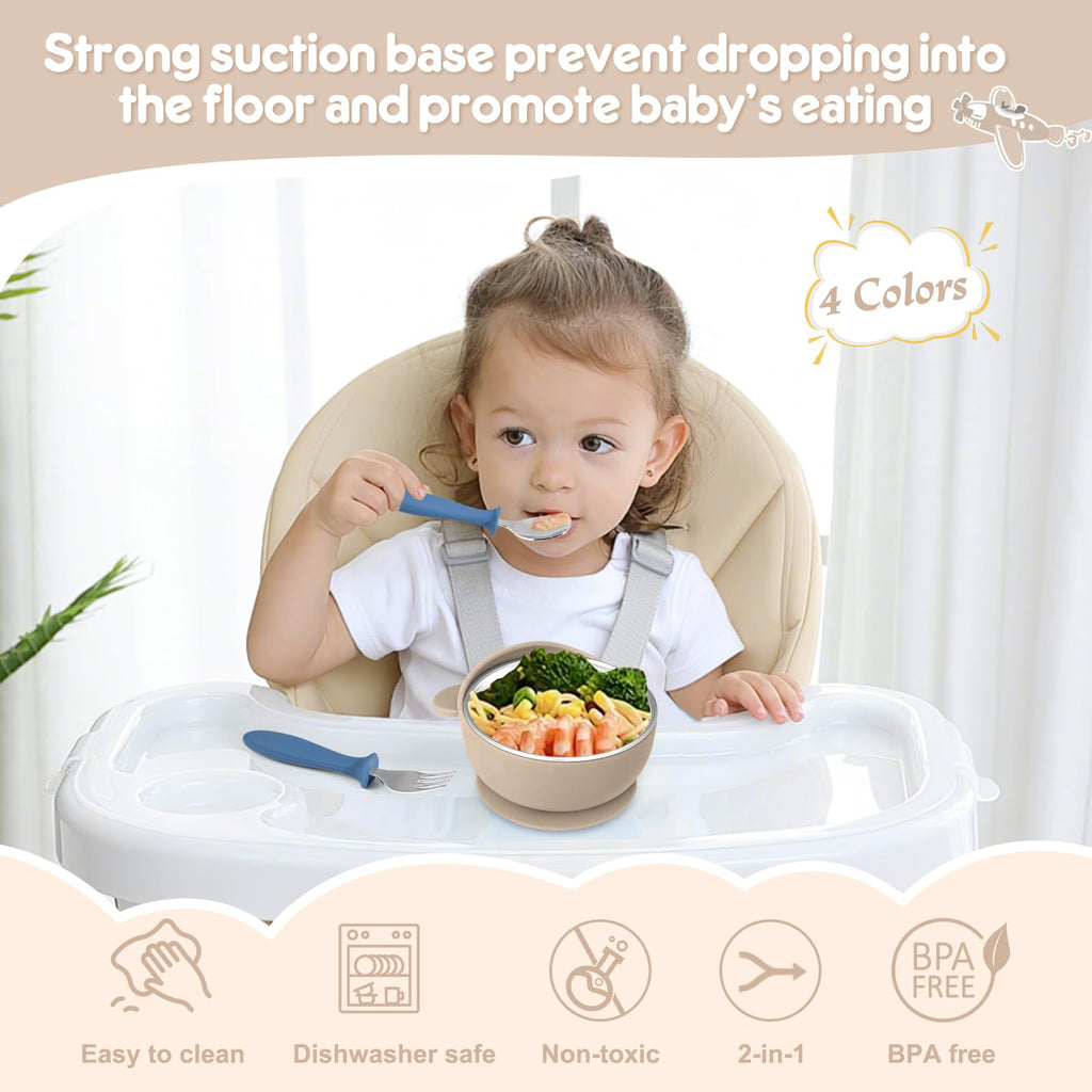 Wesketch 4 Pack Stainless Steel Baby Bowls with Suction, Toddler Bowls with Removable Silicone Shell for Kids, Non-Slip Toddler Baby Feeding Set Dishwasher Safe-blue/Gray/Red/Cream