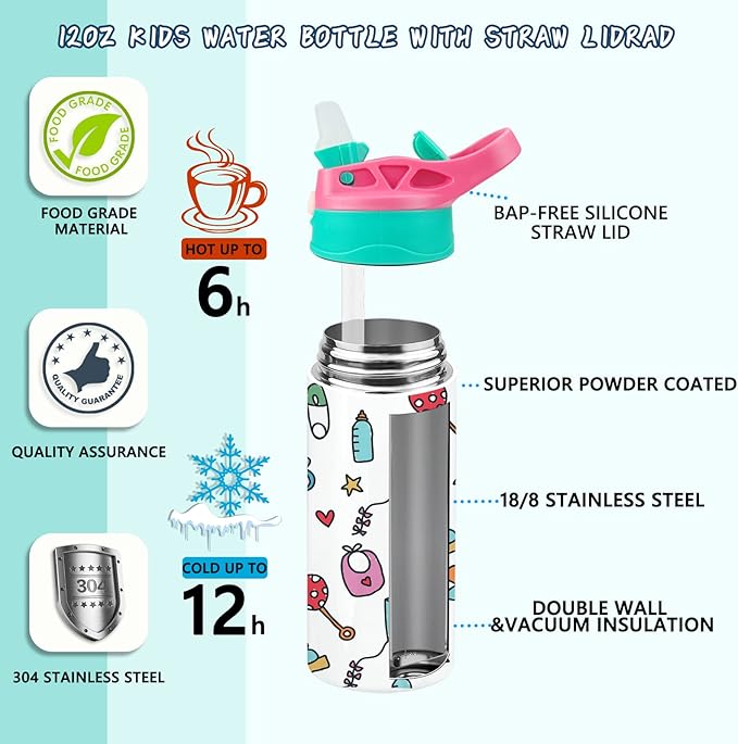 Kids Sublimation Tumbler,12oz Sublimation Water Bottle Blanks,Straight Stainless Steel Todder Sippy Cup,Double Wall Insulated Sippy Tumbler with Handle,Shrink Films,Leak Proof(RoseGreen)