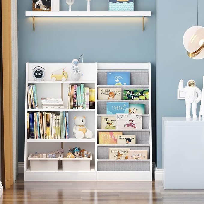 White Kids Bookshelf Wood Toy Storage Organizer Cabinet Children Bookcase Toddler Baby Sling Book Rack Adjustable Shelf for Playroom Bedroom Nursery Hallway School Kindergarten