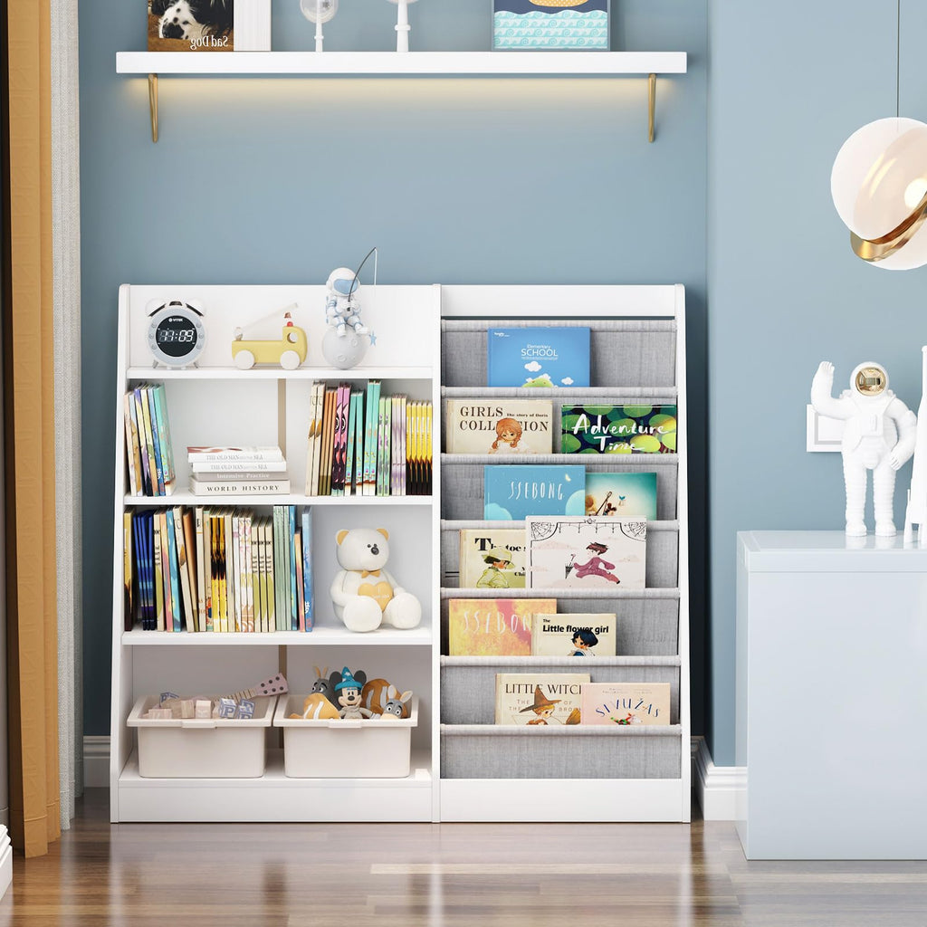 HedoAjim White Kids Bookshelf Wood Toy Storage Organizer Cabinet Children Bookcase Toddler Baby Sling Book Rack Adjustable Shelf for Playroom Bedroom Nursery Hallway School Kindergarten