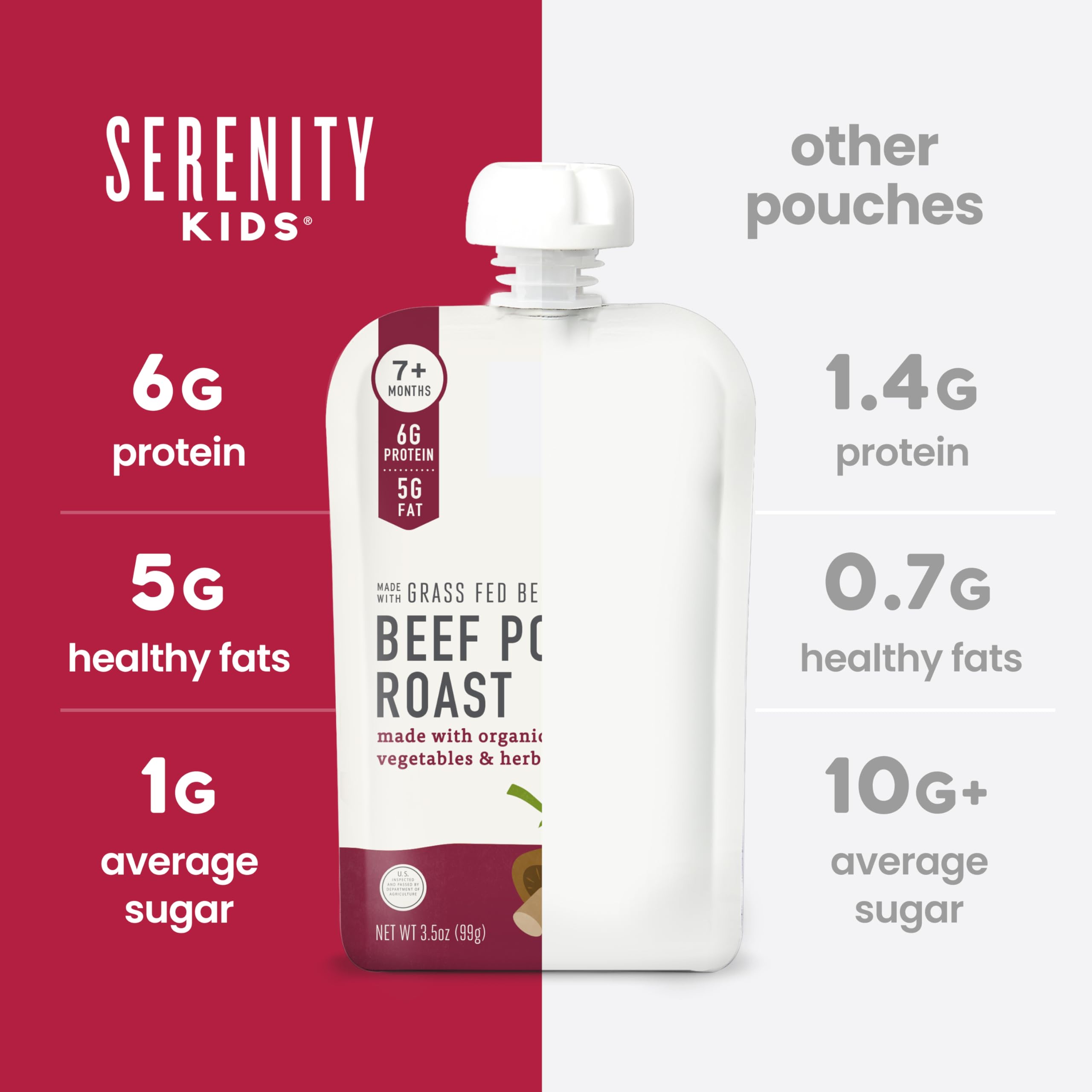 Serenity Kids Bone Broth Puree Made With Organic Veggies | Clean Label Project Purity Award Certified | 3.5 Ounce BPA-Free Pouch | Grass Fed Beef Pot Roast | 1 Count