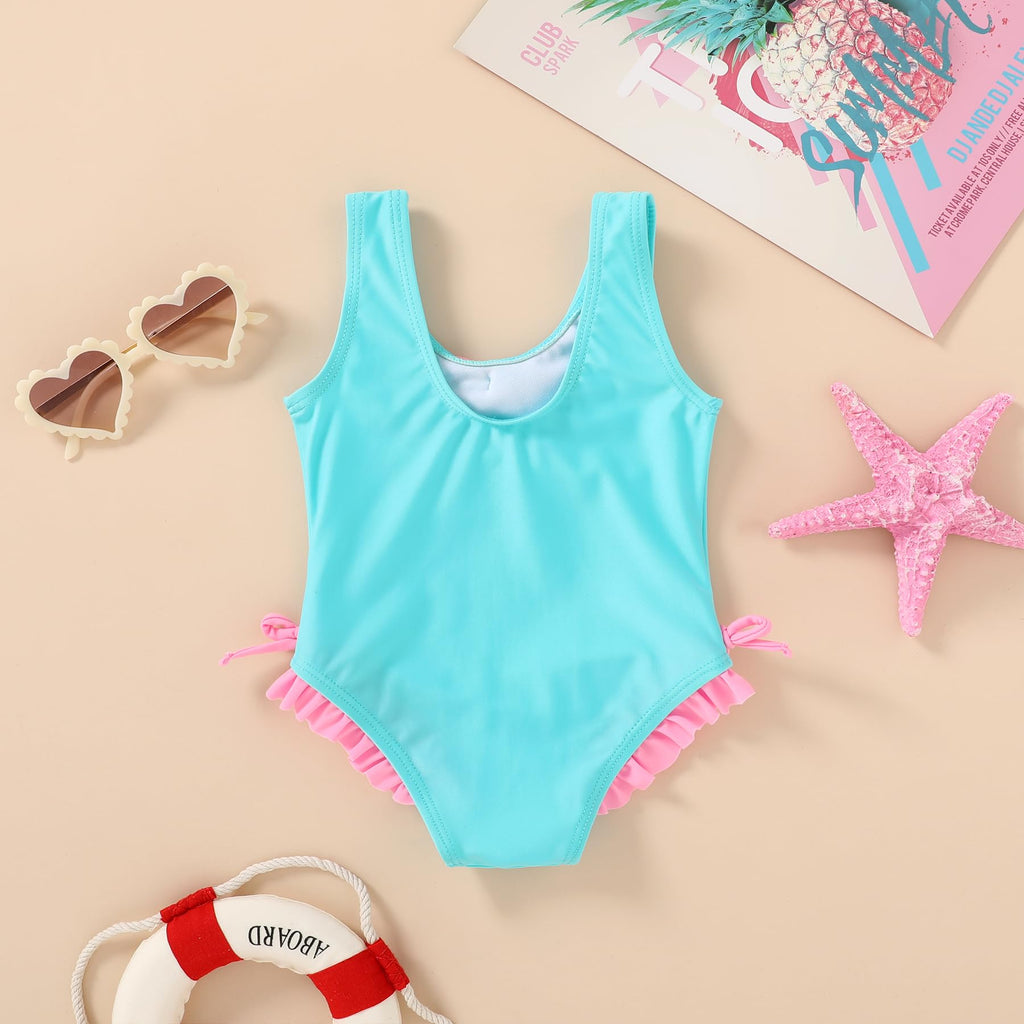 YOUNGER TREE Toddler Swimsuit Girl Cute Stripe One-Piece Ruffle Swimwear Baby Girl Bathing Suits with Bow(9-12 Months,Blue and Pink Bow)
