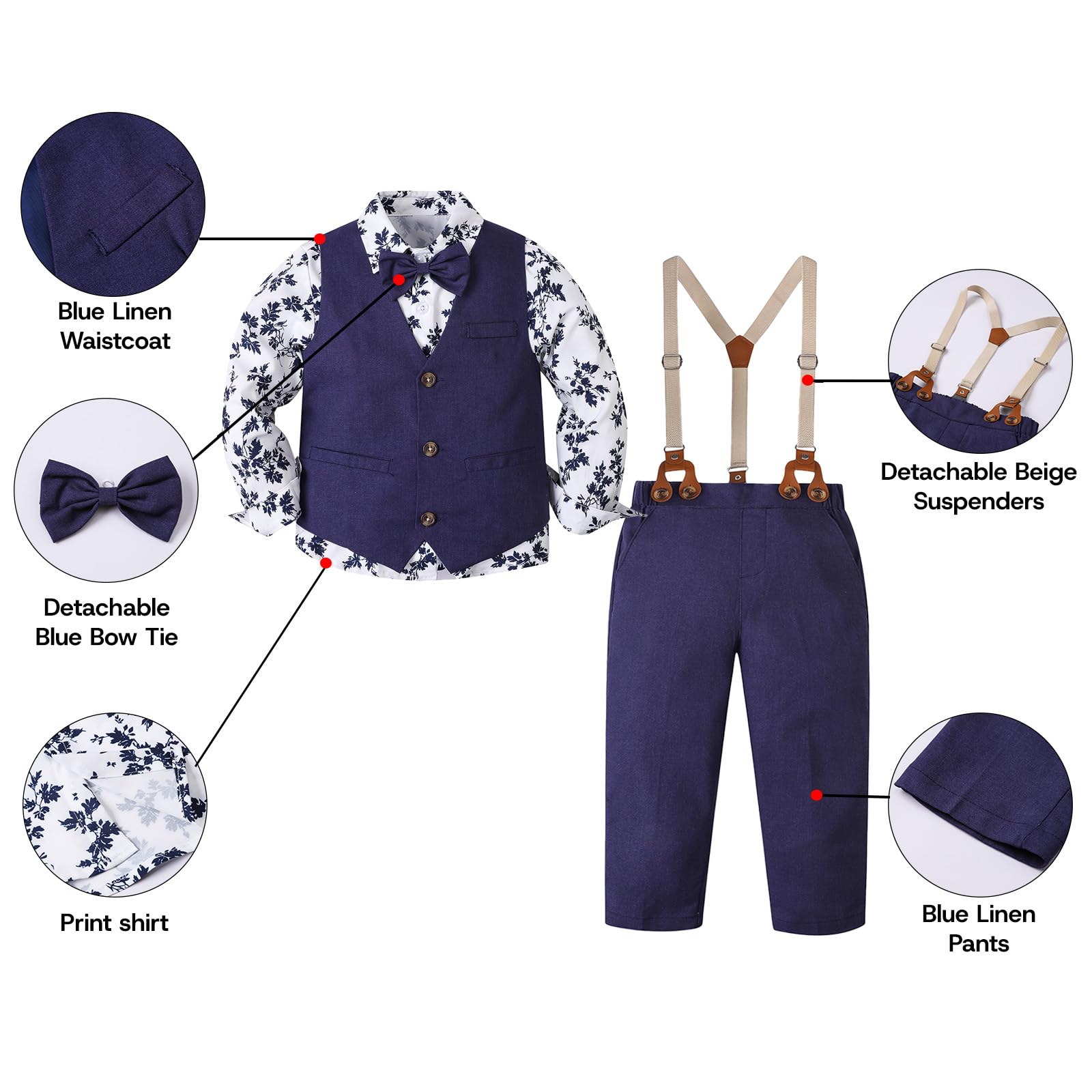 SANGTREE Boys Cotton Linen Formal Suit Floral Navy 3-4T=Tag 120