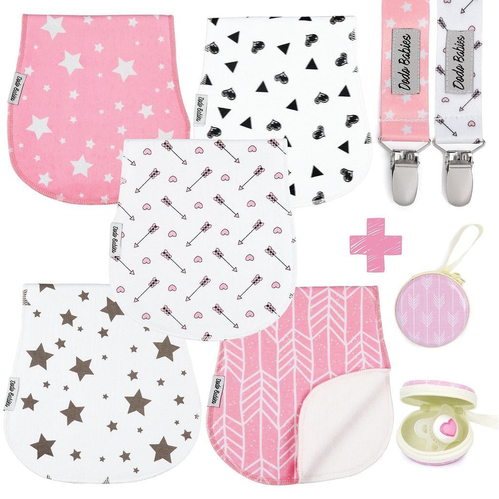 Dodo Babies 5-Pack Baby Burp Cloths - Soft & Absorbent Baby Spitup Cloths - Contoured Shape for Infant Essentials - Includes Pacifier Clips & Pacifier Case - 19 x 9 in, 2 Clips & Case, Pink/White/Grey