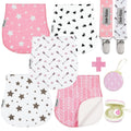 Dodo Babies 5-Pack Baby Burp Cloths - Soft & Absorbent Baby Spitup Cloths - Contoured Shape for Infant Essentials - Includes Pacifier Clips & Pacifier Case - 19 x 9 in, 2 Clips & Case, Pink/White/Grey