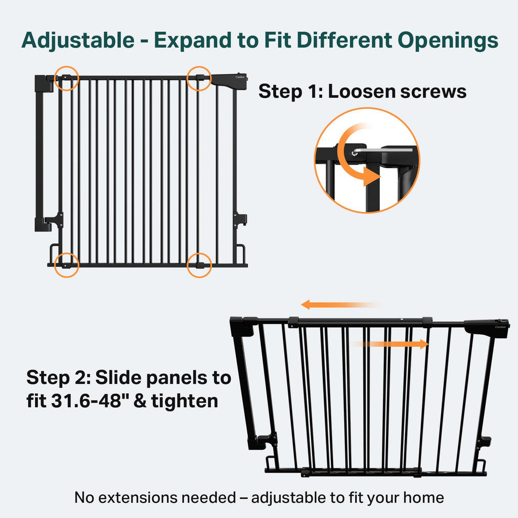 Cumbor 34" Extra Tall No Bottom Bar Baby Gate for Stairs, Hardware Mounted Dog Gate Indoor for Larger Pets, Expandable 31.6-48" Safety Gate for Doorways, Wide Walk Thru Door for Easy Access (Black)