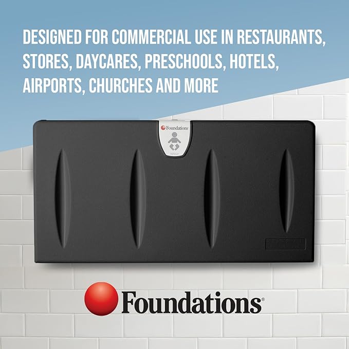 Foundations Classic Horizontal Wall-Mounted Baby Changing Station for Commercial Restrooms, Includes One Handed Adjustable Safety Strap & Liner Dispenser, Black (100-EH-02)