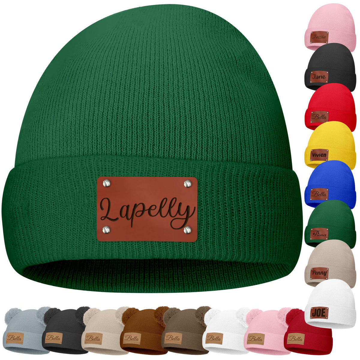 Custom Baby Beanies Personalized Toddler Winter Hats Name Leather Patch Kids Knit Warm Hat for Infant Boys Girls Adult Grey