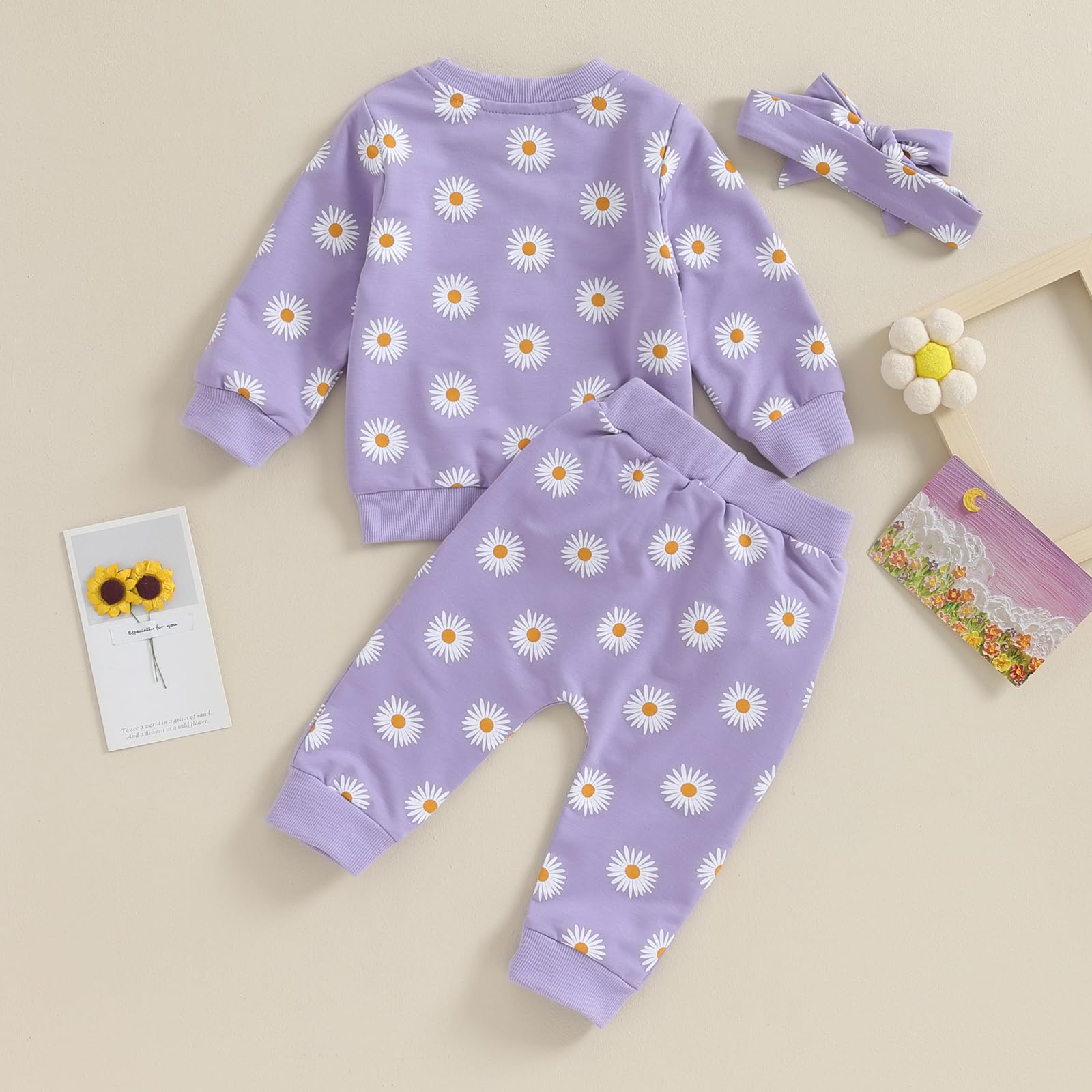 CIYCUIT 3Pcs Baby Girl Fall Outfits Daisy Sweatshirt + Pants + Headband Infant Fall Winter Clothes Purple 6-12 Months