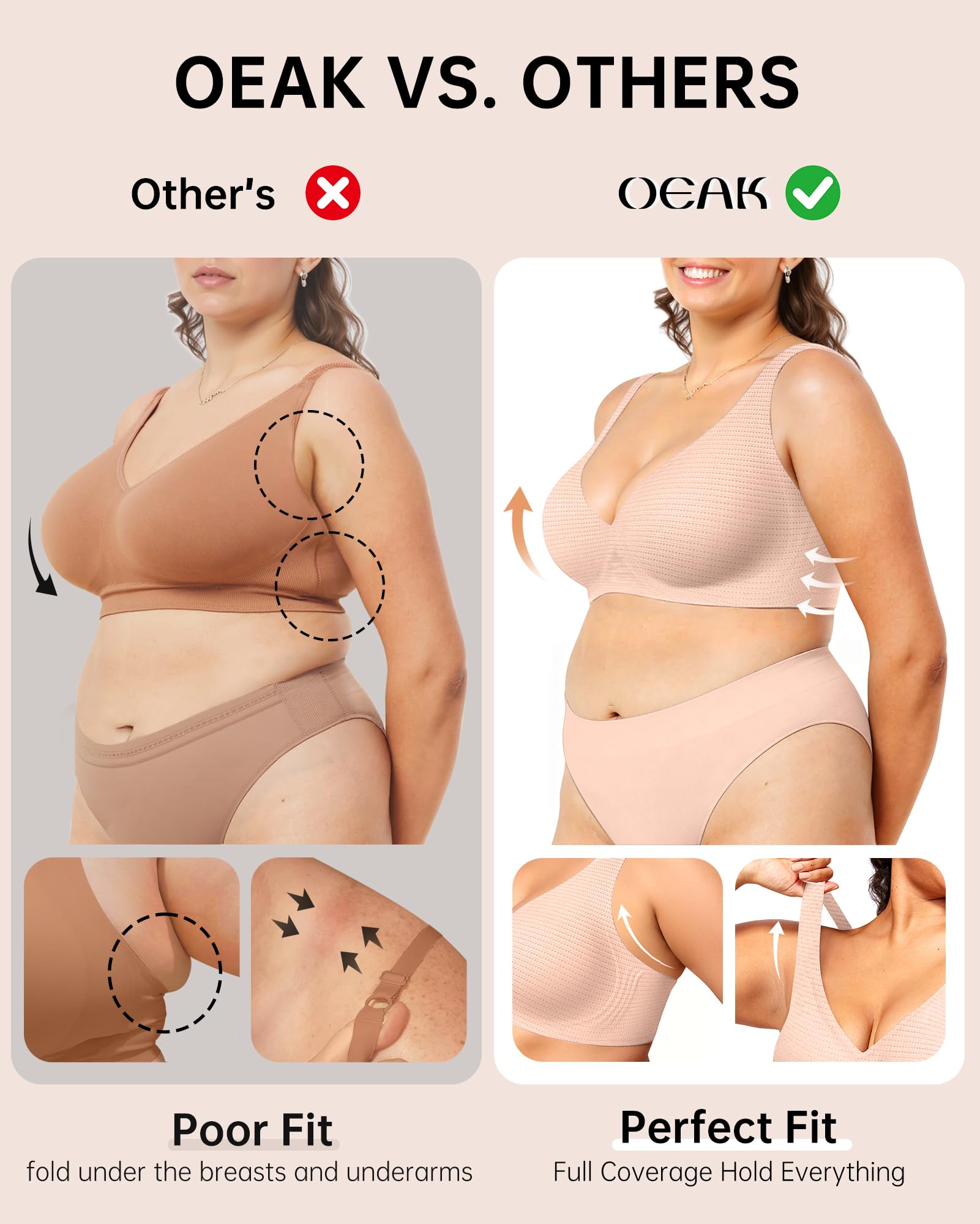 OEAK Womens Deep V Bras Wireless Comfortable Bra Supportive No Underwire Bras Tshirt Push Up Bralettes Plunge Seamless Bra Cool Nude S