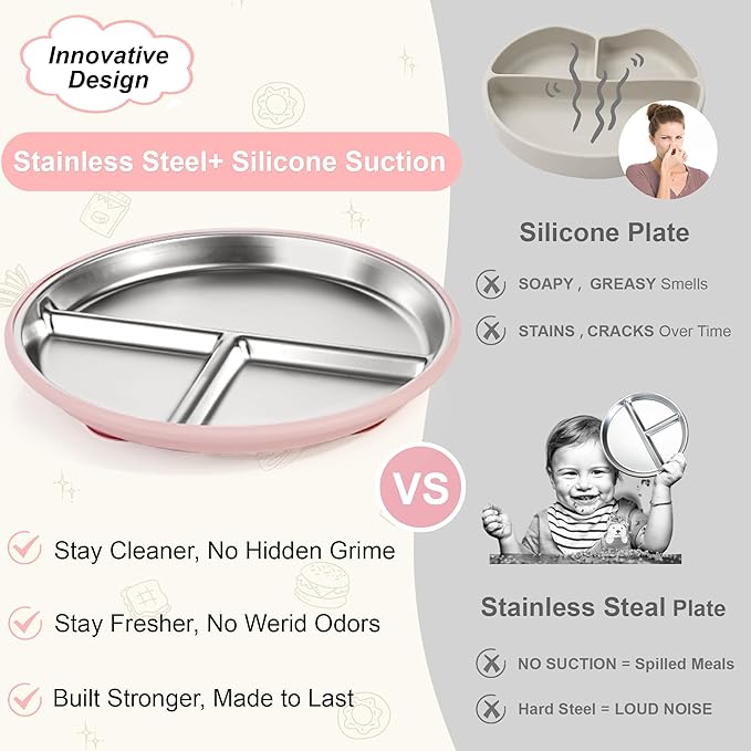 Bella's Friends Stainless Steel Kids Plates 8" Suction Plate for Baby,3 Packs Non-Toxic Divided Toddler Plates,Food-Grade Silicone Plate for Baby,Dishwasher Safe,grey,blue,dark blue