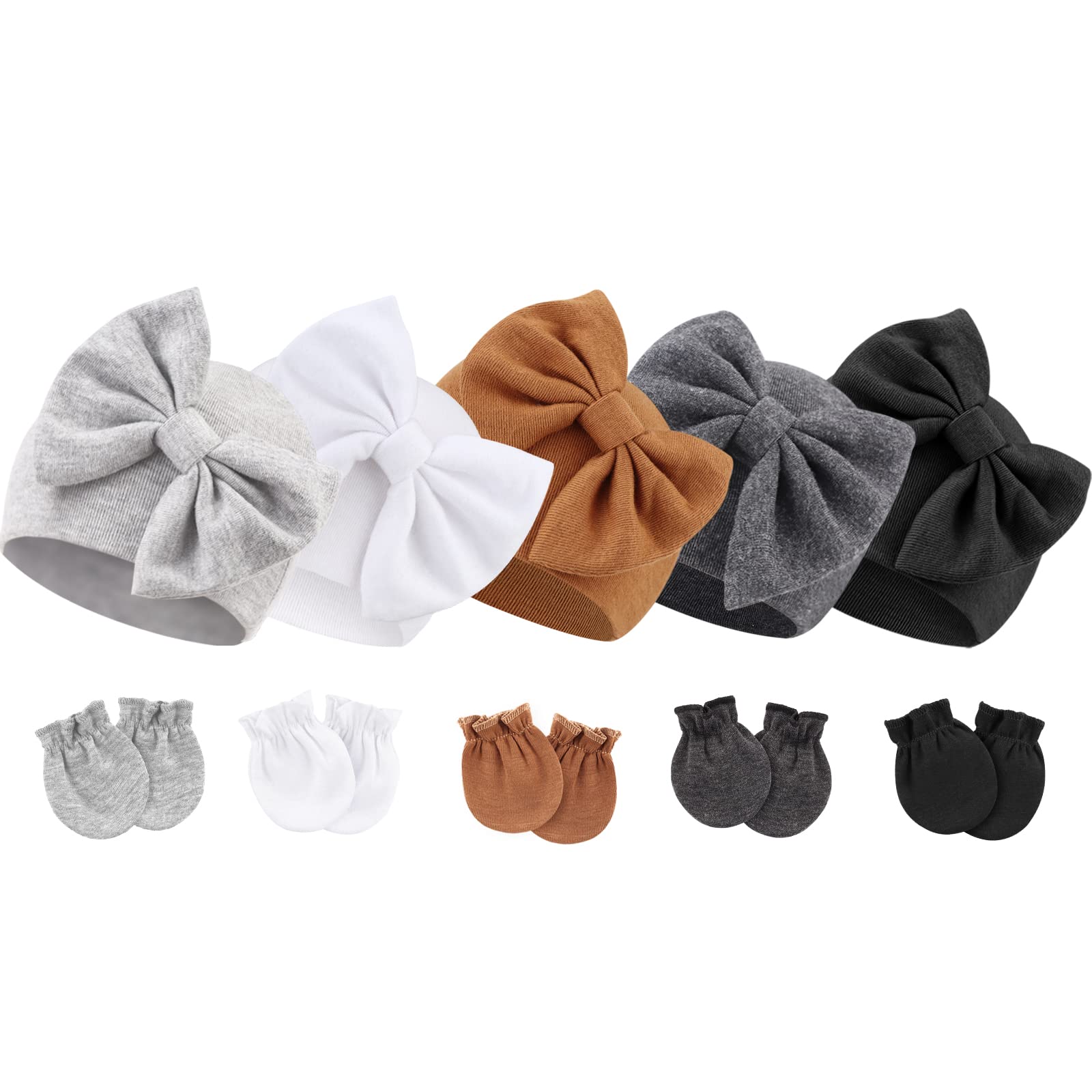 BQUBO Newborn Baby Girls Hats Mittens Set Hospital Hat Beanie Infant Bow Hats Baby Cotton Gloves No Scratch Mittens for 0-6 Months