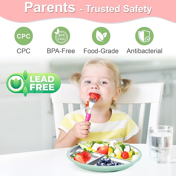 Bella's Friends Stainless Steel Kids Plates 8" Suction Plate for Baby,3 Packs Non-Toxic Divided Toddler Plates,Food-Grade Silicone Plate for Baby,Dishwasher Safe,purple,dark green,rose
