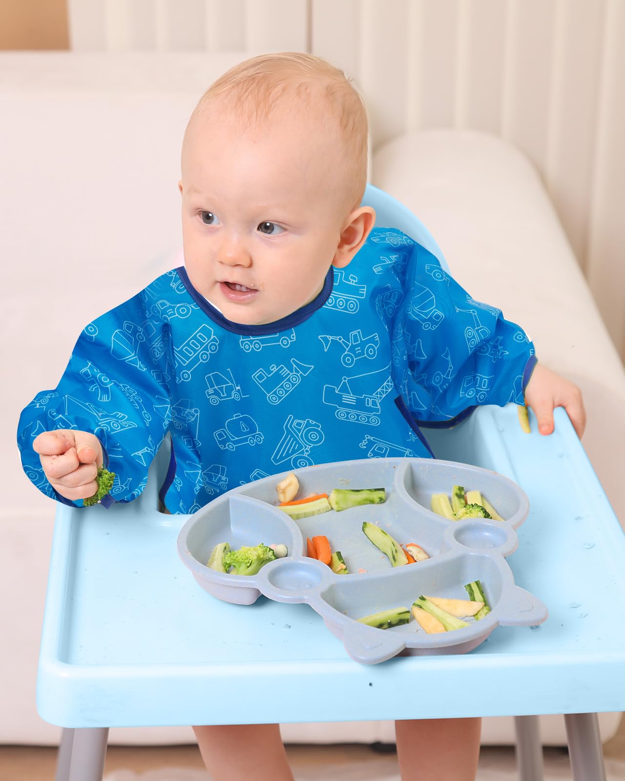 Lictin Baby Bibs for Boys Girls - Long Sleeve Bib, Waterproof Toddler Bibs, 0-24 Months Neutral Baby Smock for Eating (Dark Blue/Wathet/Blue/Green/Brown, 0-24 months)