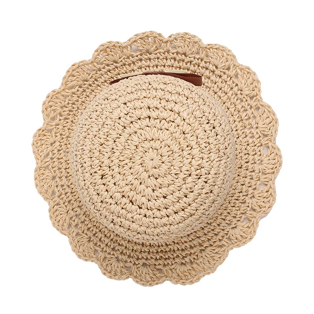 JANGANNSA Baby Girl Straw Hat Outdoor Baby Sun Protection Hats Summer Bowknot Beach Cap for Infant Toddler Girls (Beige Bow, 6-24 Months)