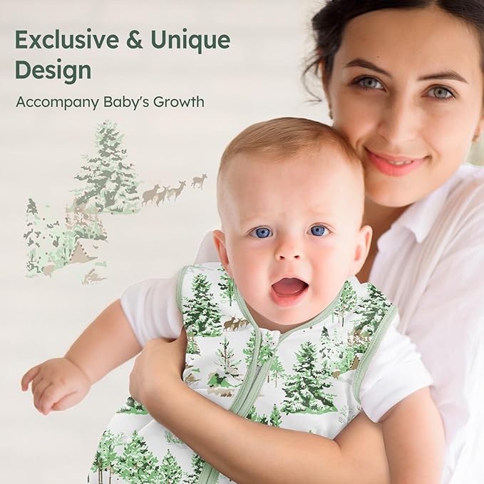 Baby Sleep Sack 6-12 Months 100% Cotton Lightweight 0.5 TOG Wearable Blanket Baby Sleep Bag with 2-Way Zipper for Newborn Infant Green Pine Tree