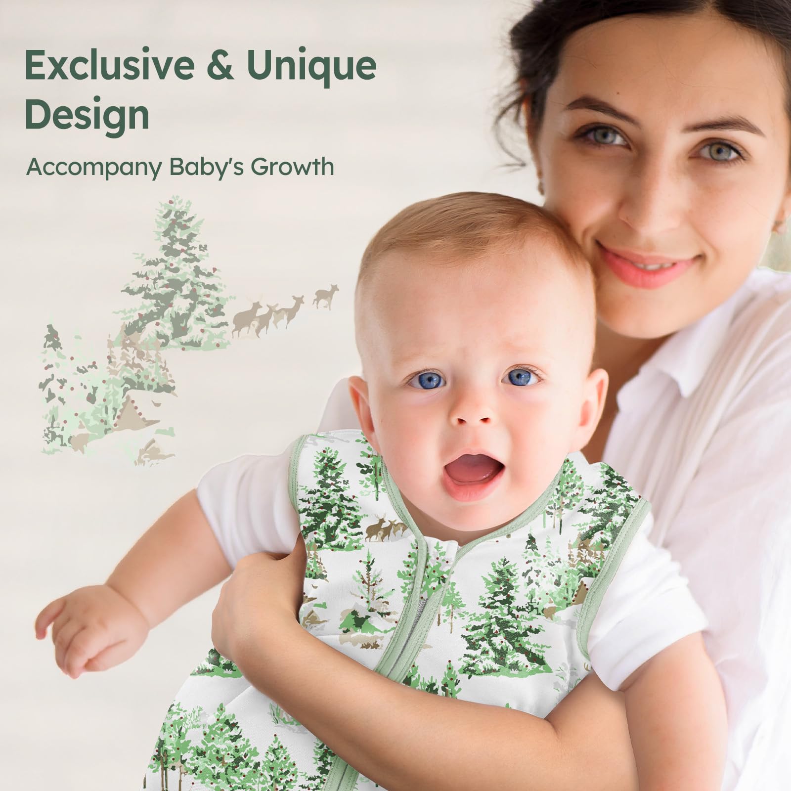 Unnivoll Baby Sleep Sack 0-6 Months 100% Cotton Lightweight 0.5 TOG Wearable Blanket Baby Sleep Bag with 2-Way Zipper for Newborn Infant Green Pine Tree