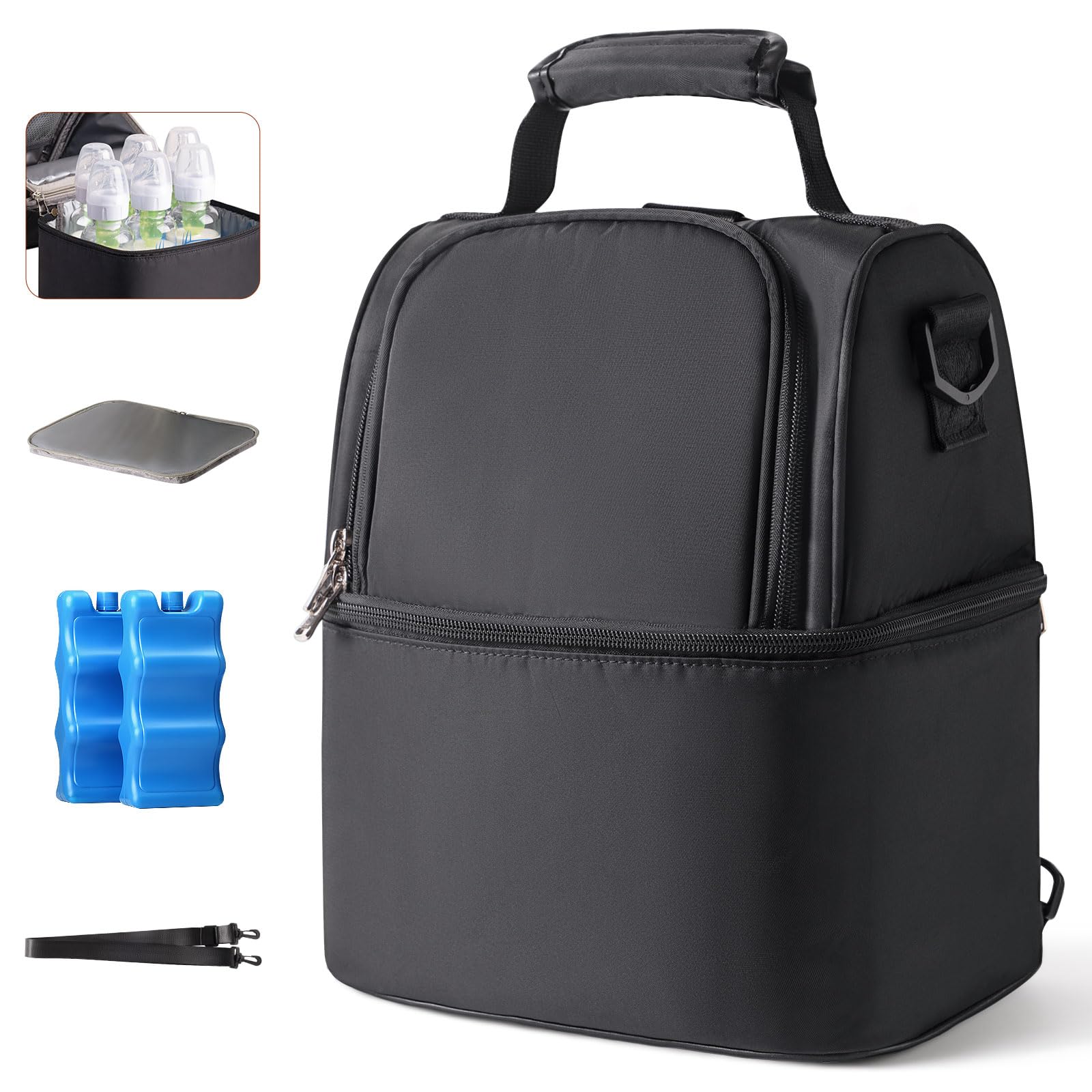 NCVI Breastmilk Cooler Bag with 2 Ice Pack, Keep Food Warm/Cold (Black)