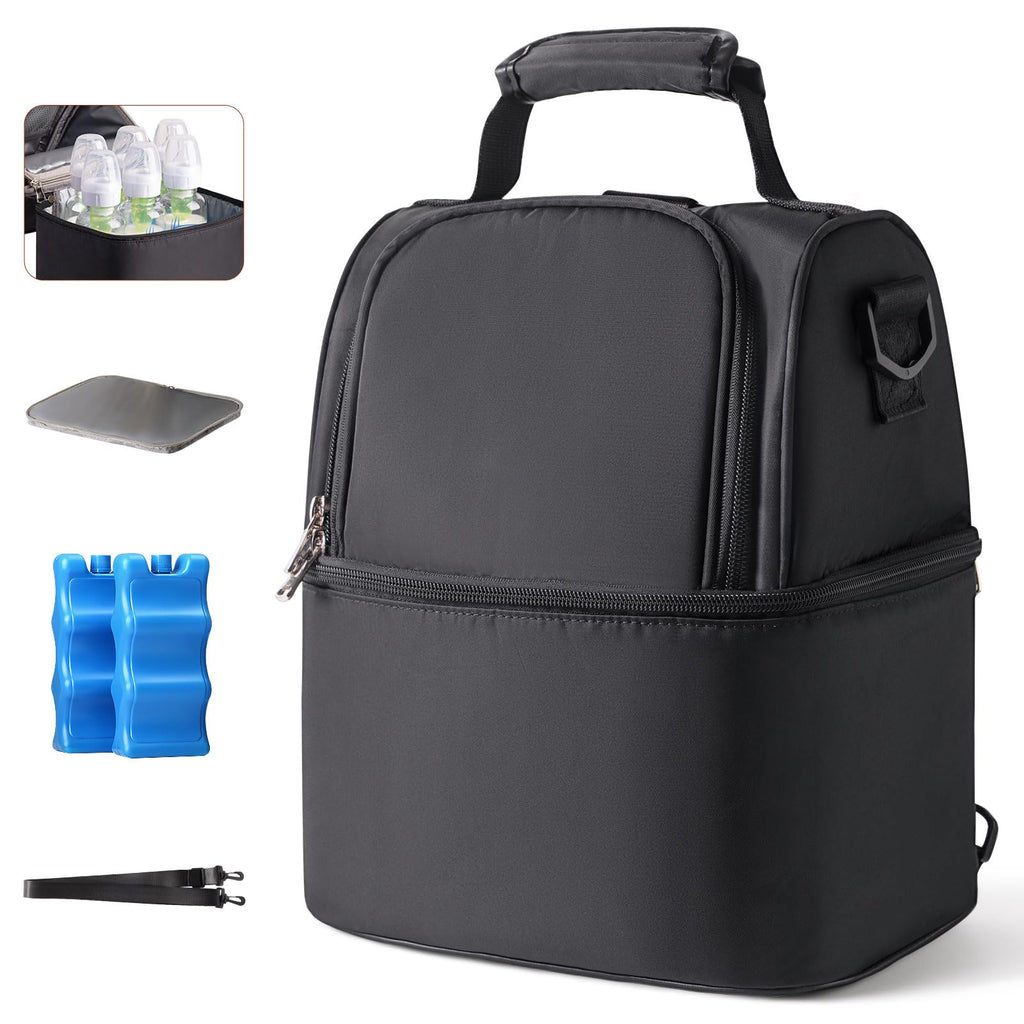 NCVI Breastmilk Cooler Bag with 2 Ice Pack, Keep Food Warm/Cold (Black)